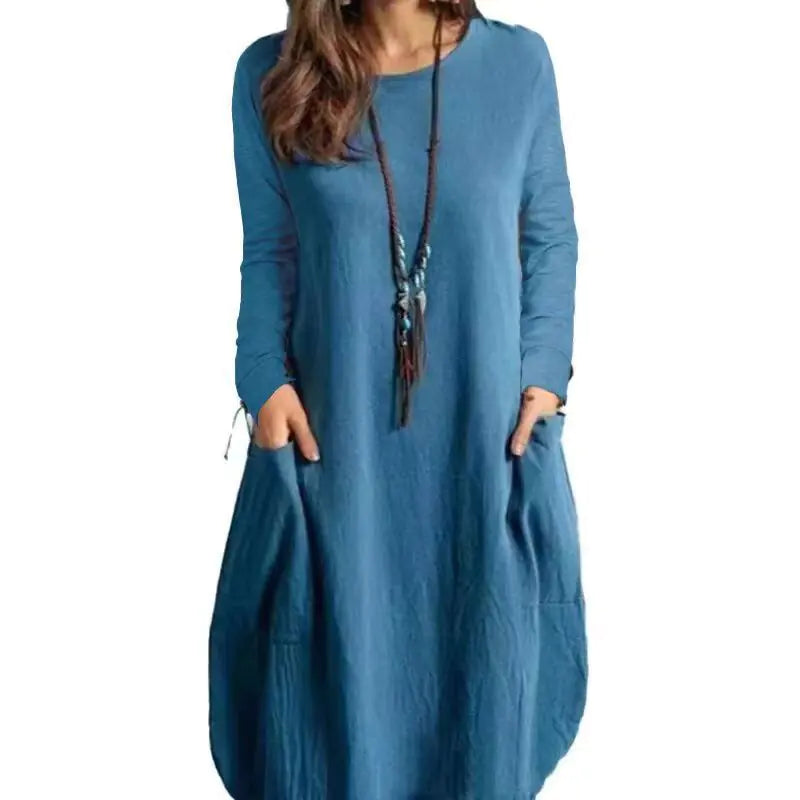 Women's Casual Long-Sleeved Cotton Linen Dress