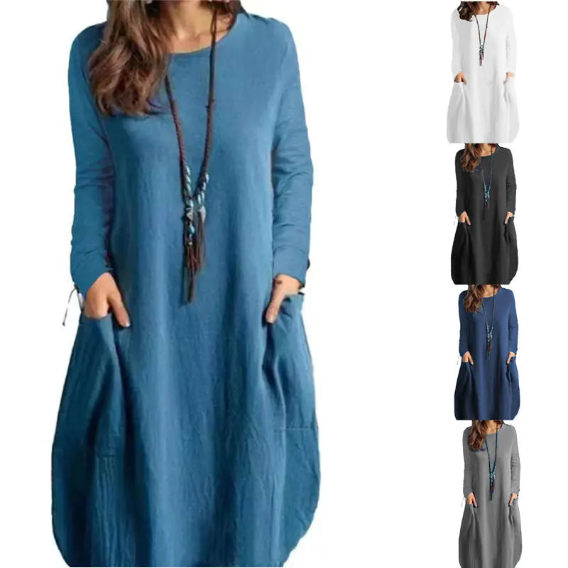 Women's Casual Long-Sleeved Cotton Linen Dress